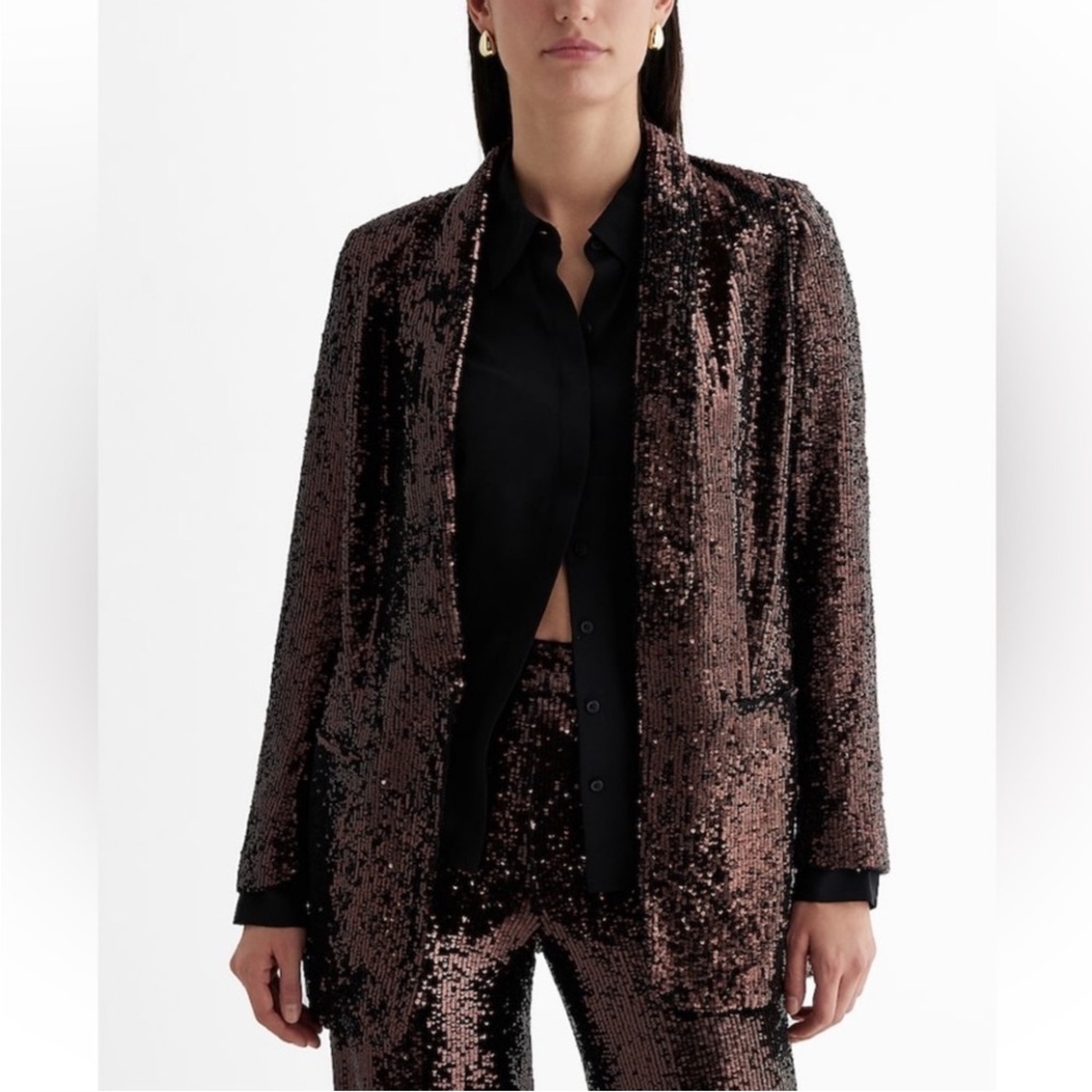 NWT EXPRESS bronze sequin OPEN FRONT boyfriend blazer brown XS